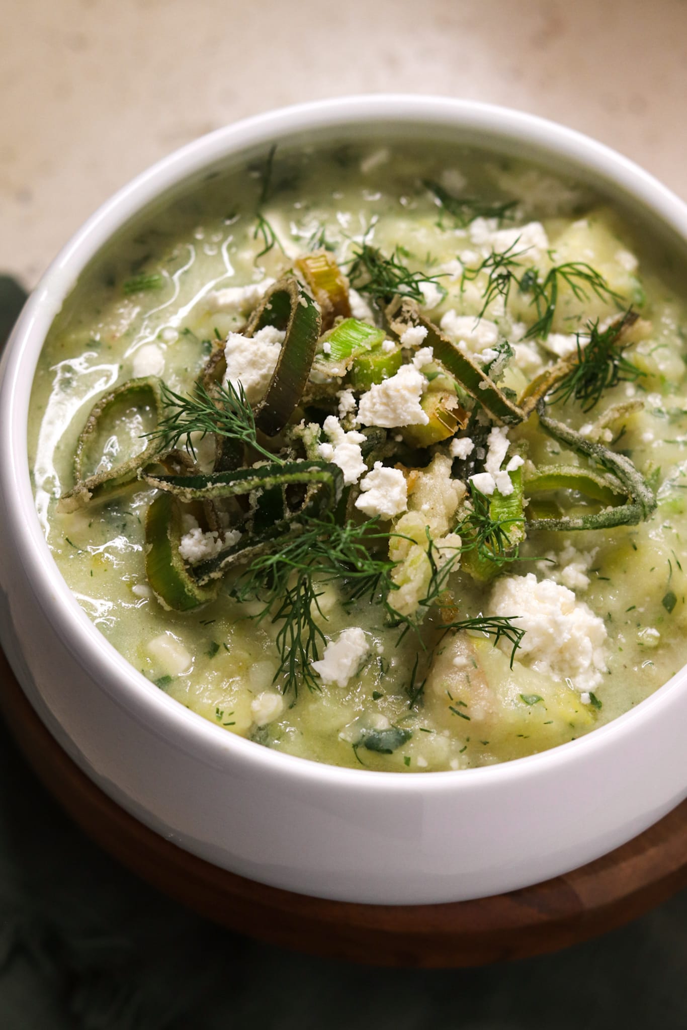 Potato Leek and Feta Soup with Crispy Fried Leeks 